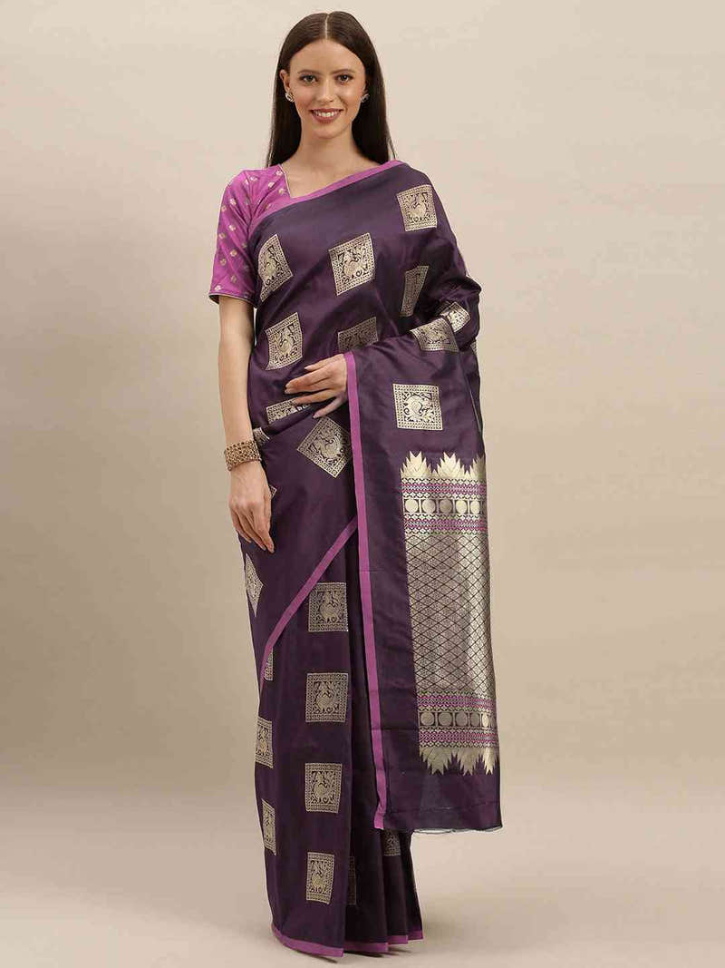 Kanjivaram Wine Colour Silk Blend Woven Design Saree
