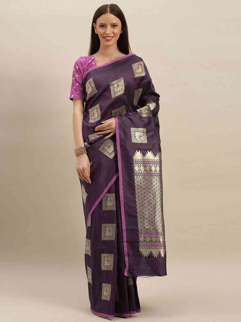 Kanjivaram Wine-Coloured Silk Blend Woven Design Saree