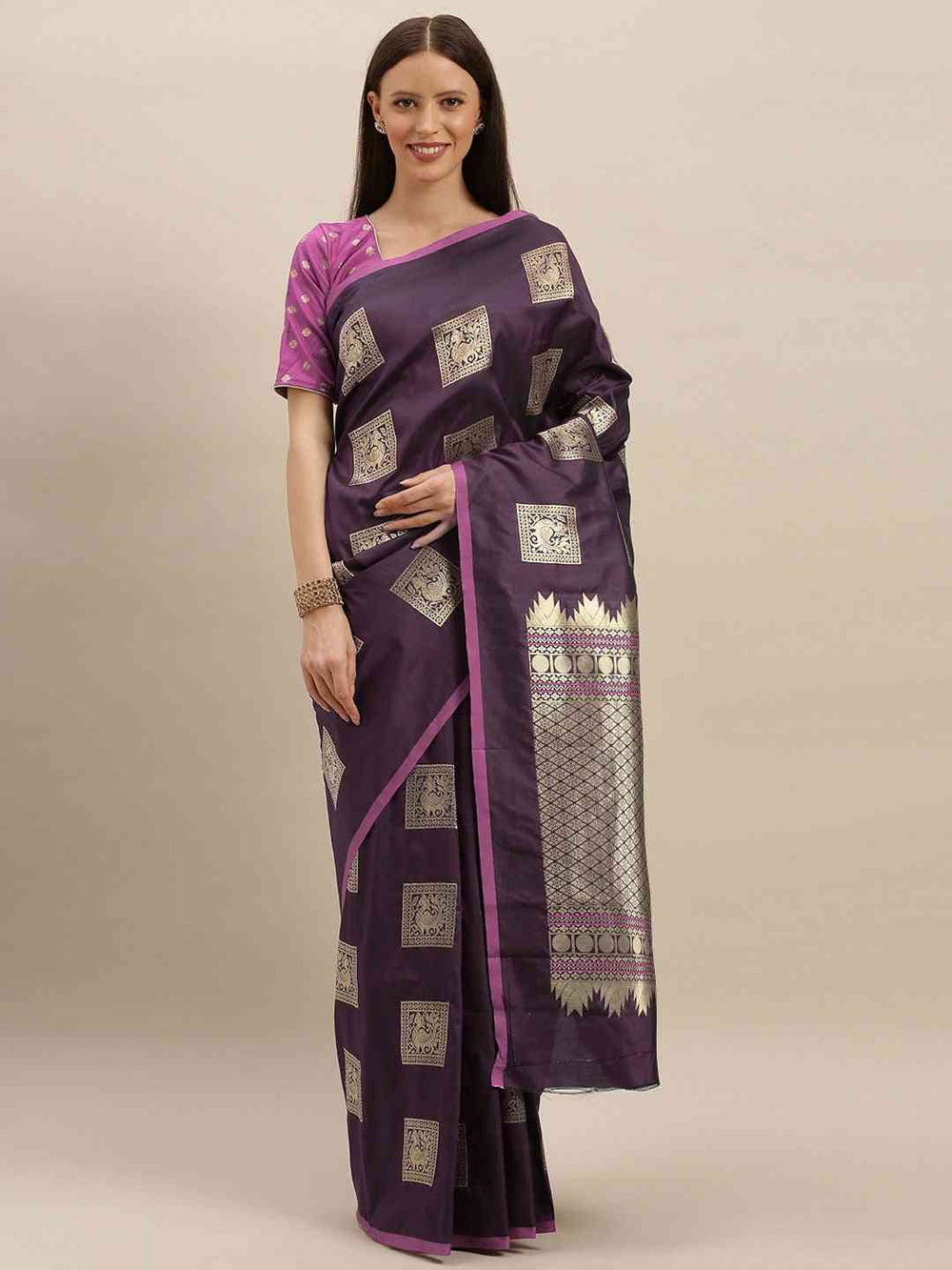Kanjivaram Wine-Coloured Silk Blend Woven Design Saree