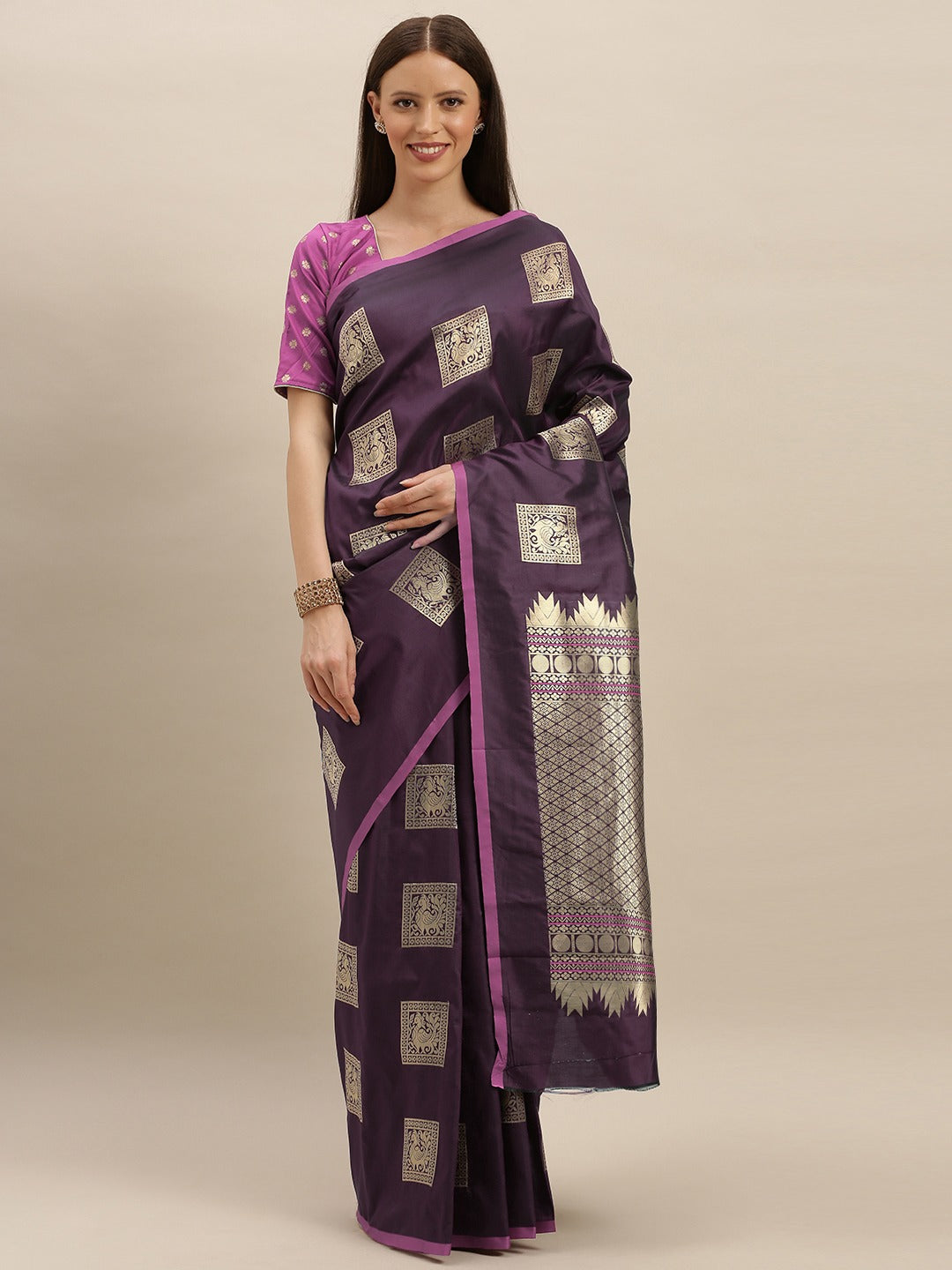Kanjivaram Wine-Coloured Silk Blend Woven Design Saree