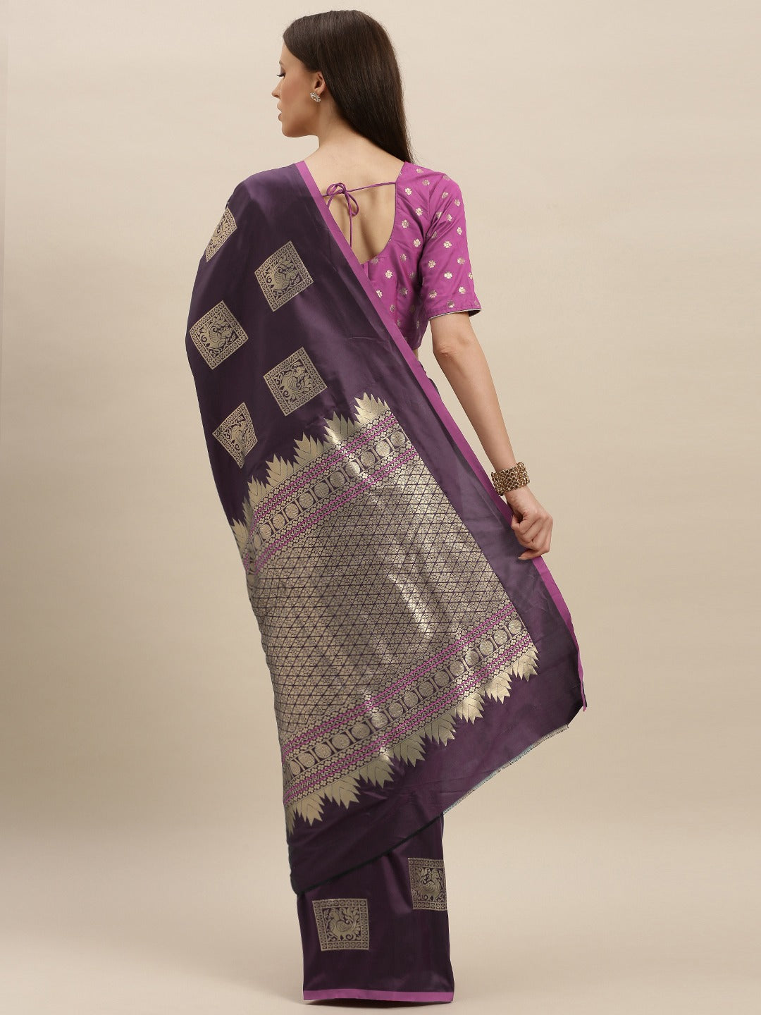 Kanjivaram Wine-Coloured Silk Blend Woven Design Saree