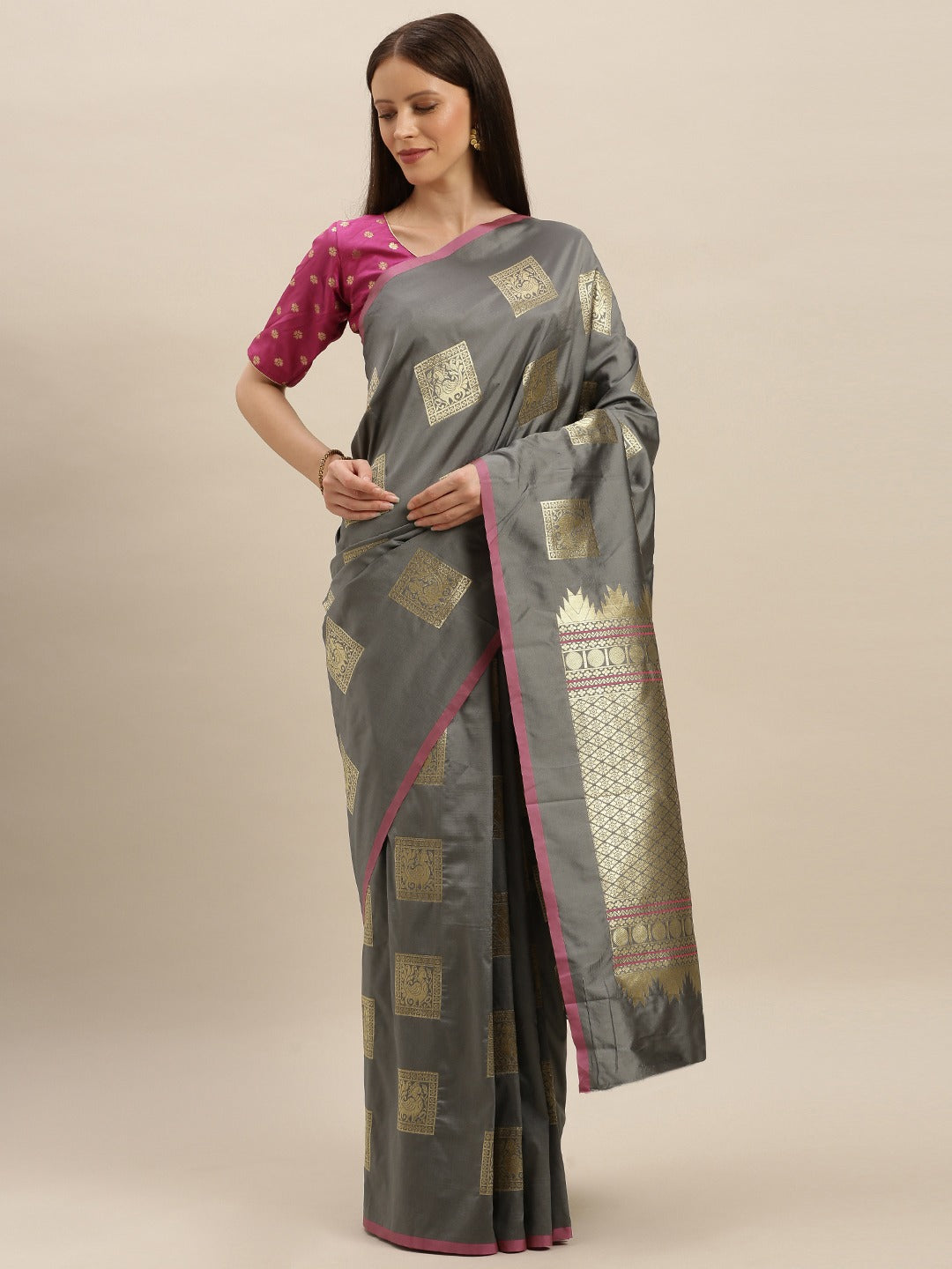 Kanjivaram Grey Colour Silk Blend Woven Design Saree