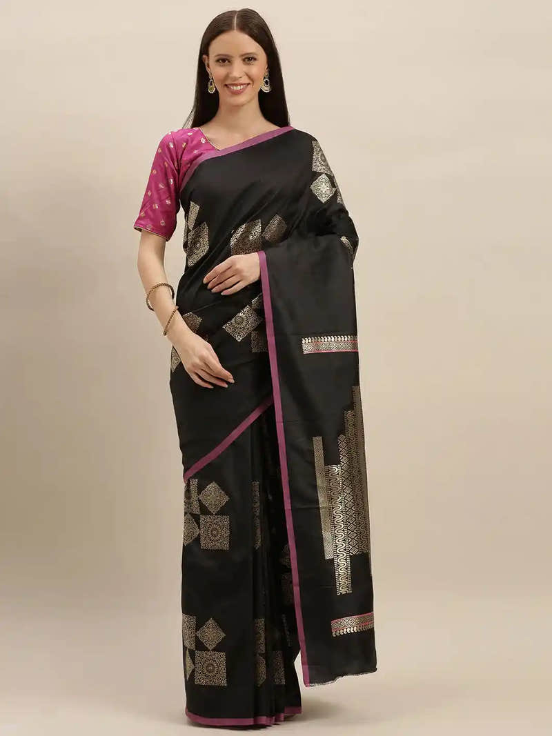 Stylish Kanjivaram Black Colour Silk Blend Woven Design Saree