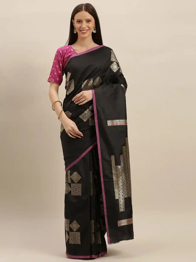 Stylish Kanjivaram Black Colour Silk Blend Saree