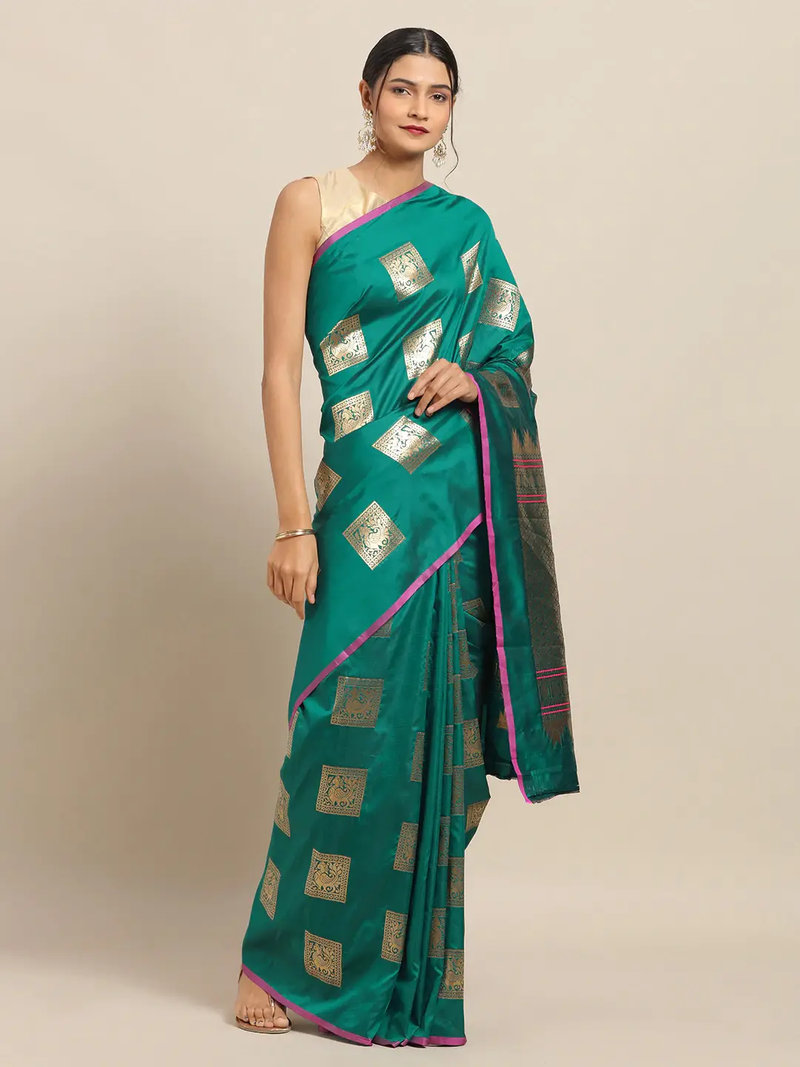 Kanjivaram Rama Colour Silk Blend Saree