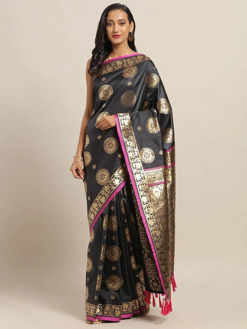 Banarasi Ethnic Motifs Black Colour Woven Design Saree