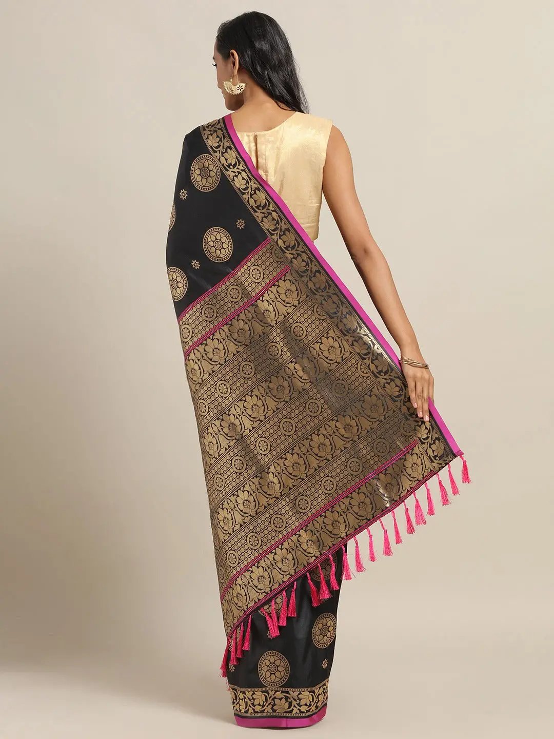 Shop Banarasi Ethnic Motifs Black Colour Woven Saree 