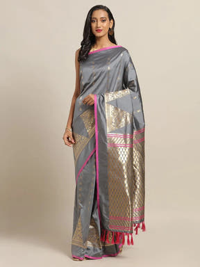 Digital Grey Colour Silk Woven Design Banarasi Saree 