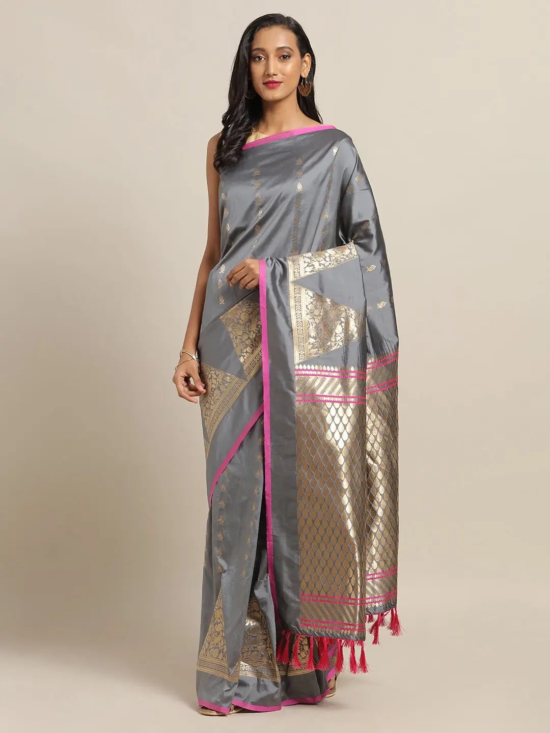 Digital Grey Colour Silk Woven Design Banarasi Saree 