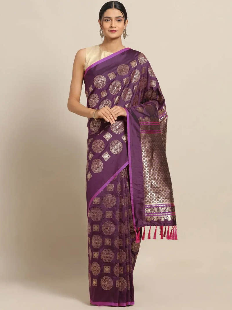 Stylish Wine Colour Ethnic Motifs Woven Design Banarasi Saree