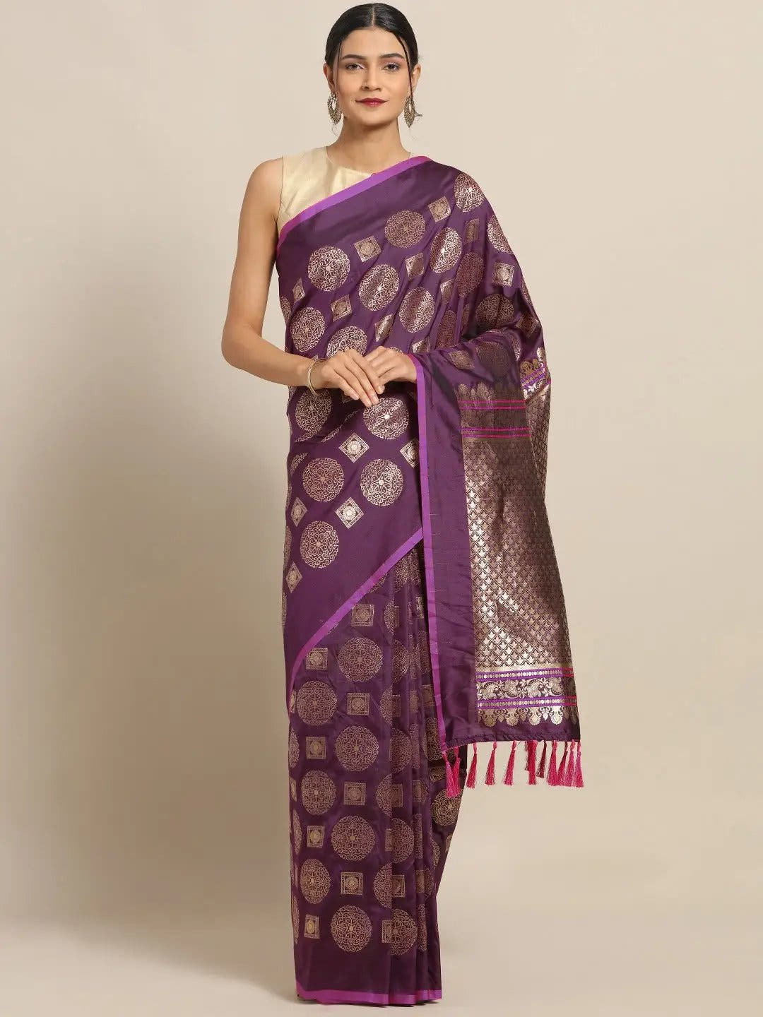 Banarasi Wine Colour Ethnic Motifs And Woven Design Saree