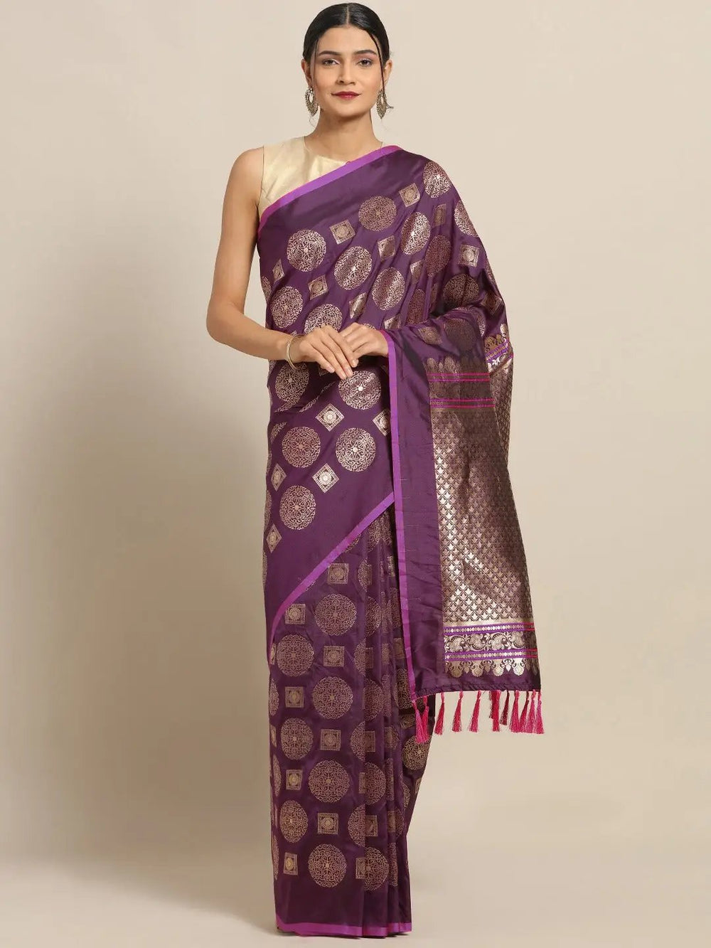 Banarasi Wine Colour Ethnic Motifs And Woven Design Saree