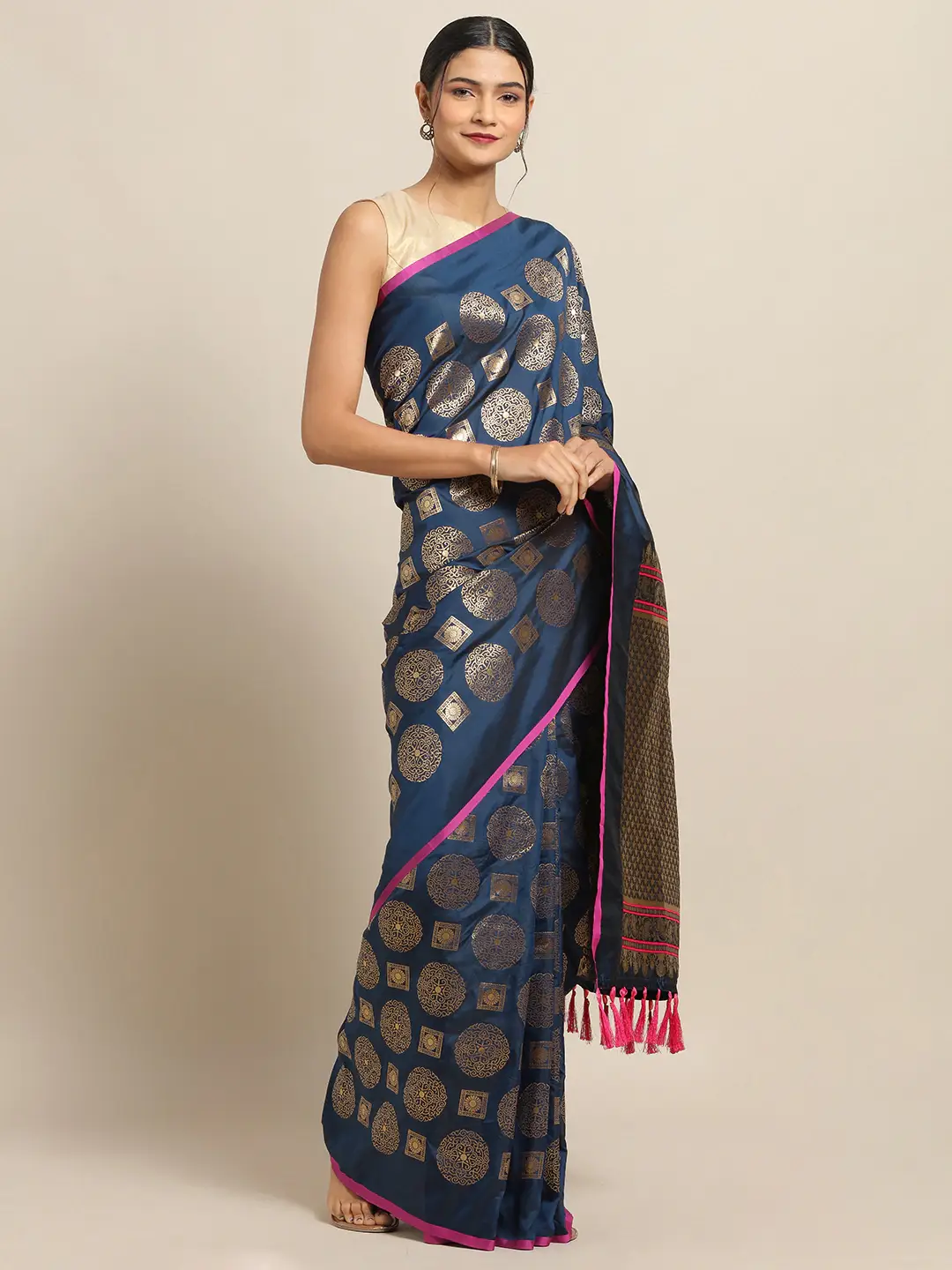 Stylish Teal Colour Banarasi Saree with Ethnic Motifs 