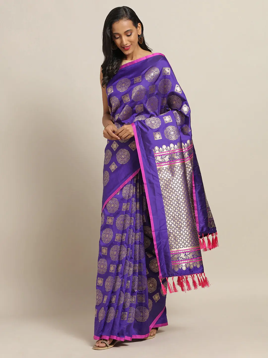 Stylish Purple Colour Banarasi Saree with Ethnic Motifs 