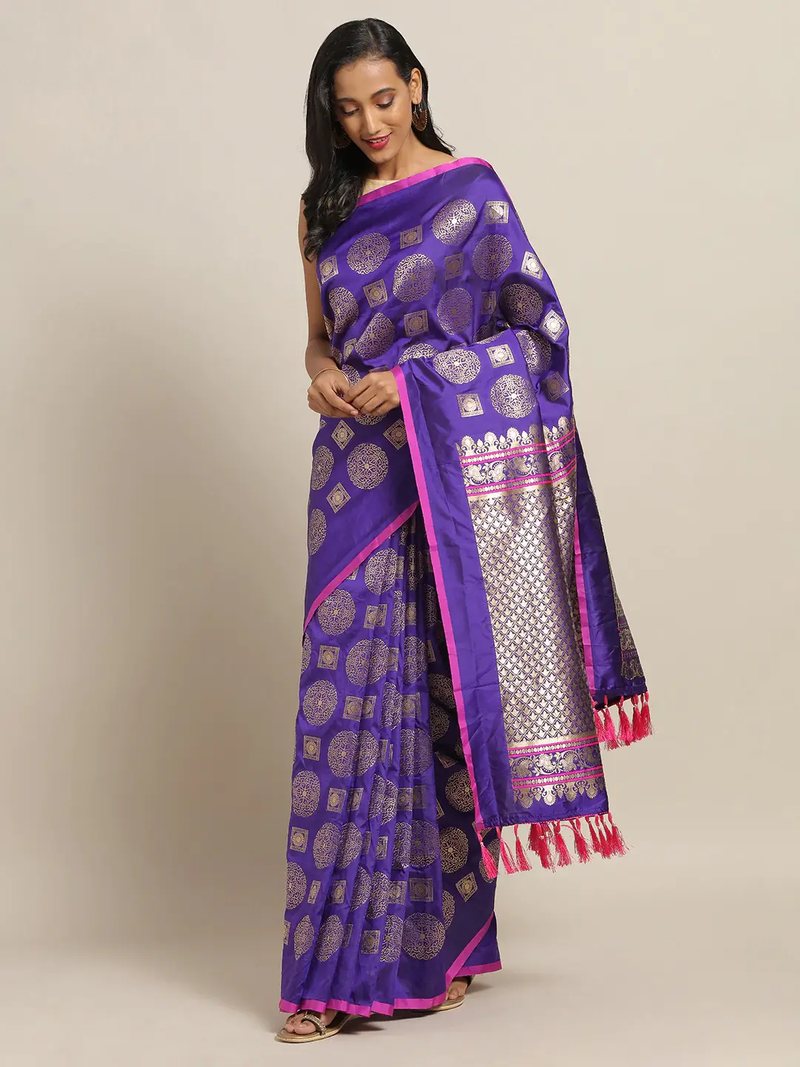 Stylish Purple Colour Banarasi Saree with Ethnic Motifs 