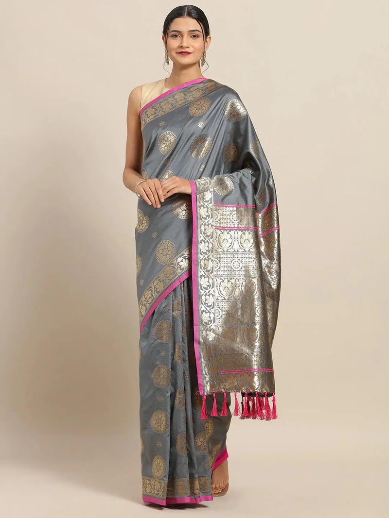  Banarasi Ethnic Motifs Grey Colour Saree Collection