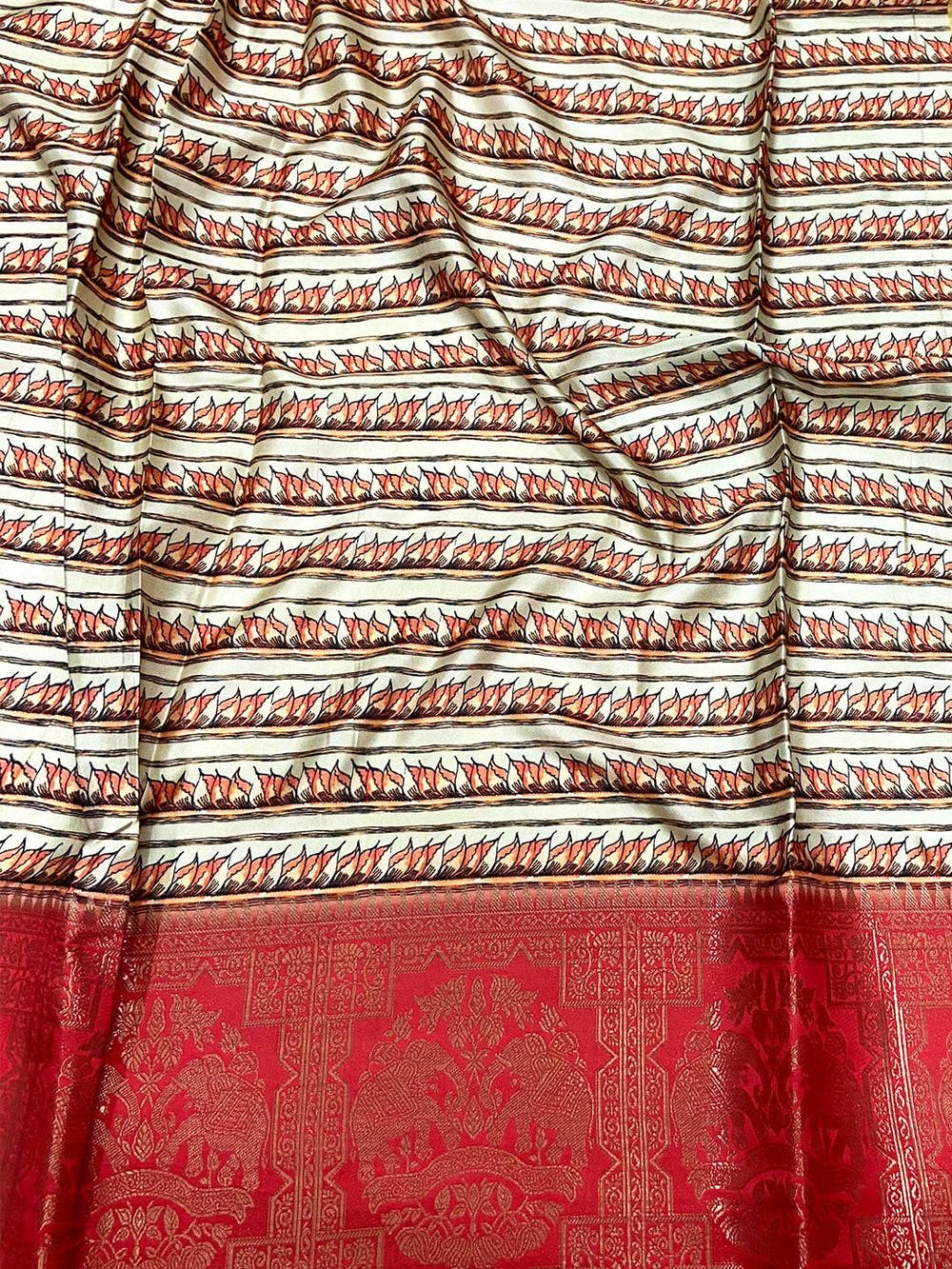 Ivory Kalamkari Printed Soft Satin Saree