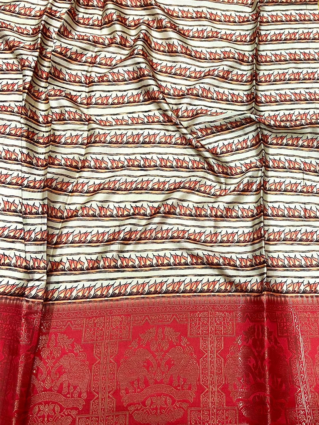 Ivory Kalamkari Printed Soft Satin Saree