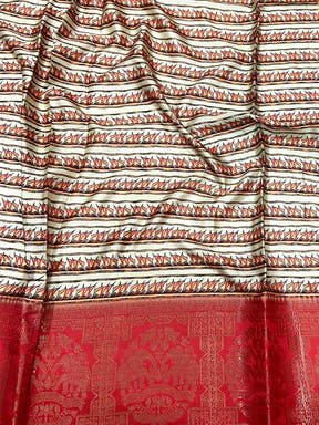 Ivory Kalamkari Printed Soft Satin Saree