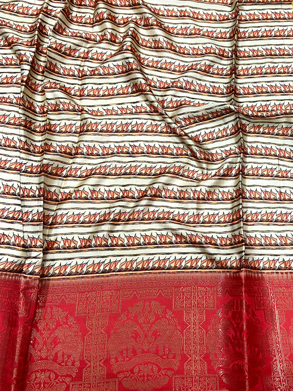 Ivory Kalamkari Printed Soft Satin Saree