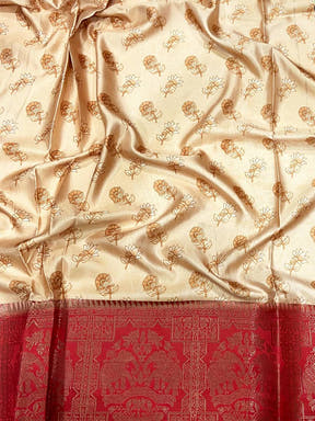Peach Kalamkari Printed Soft Satin Saree