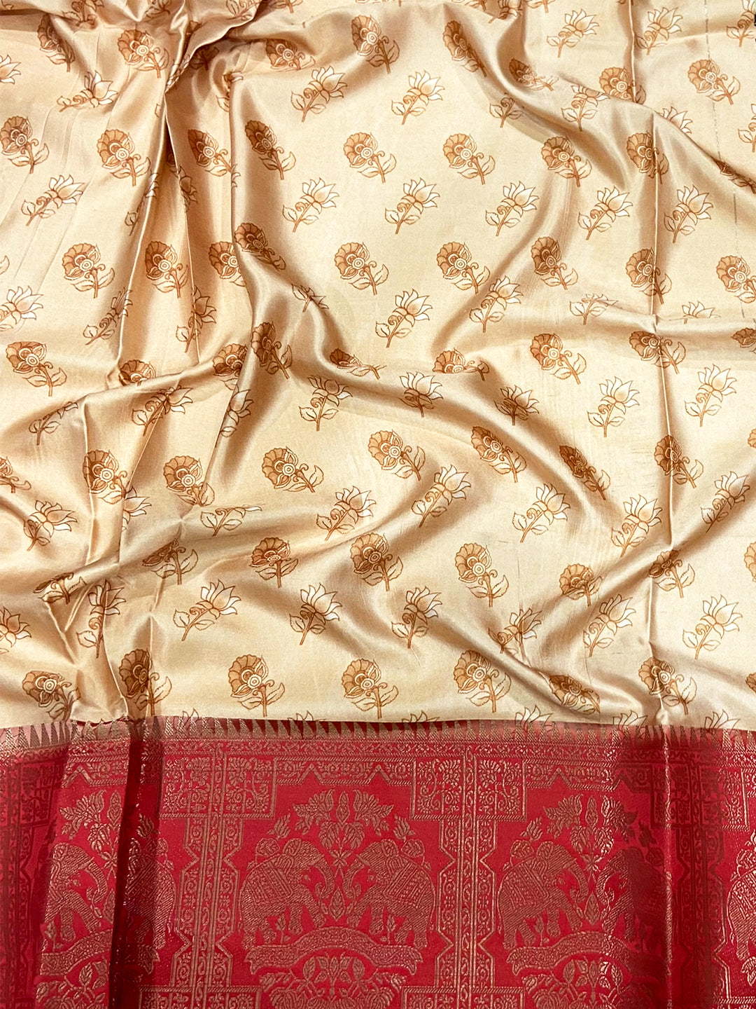 Peach Kalamkari Printed Soft Satin Saree