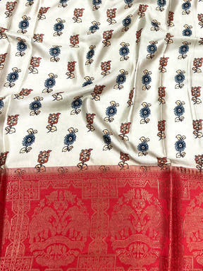 Sage Green Kalamkari Printed Soft Satin Saree

