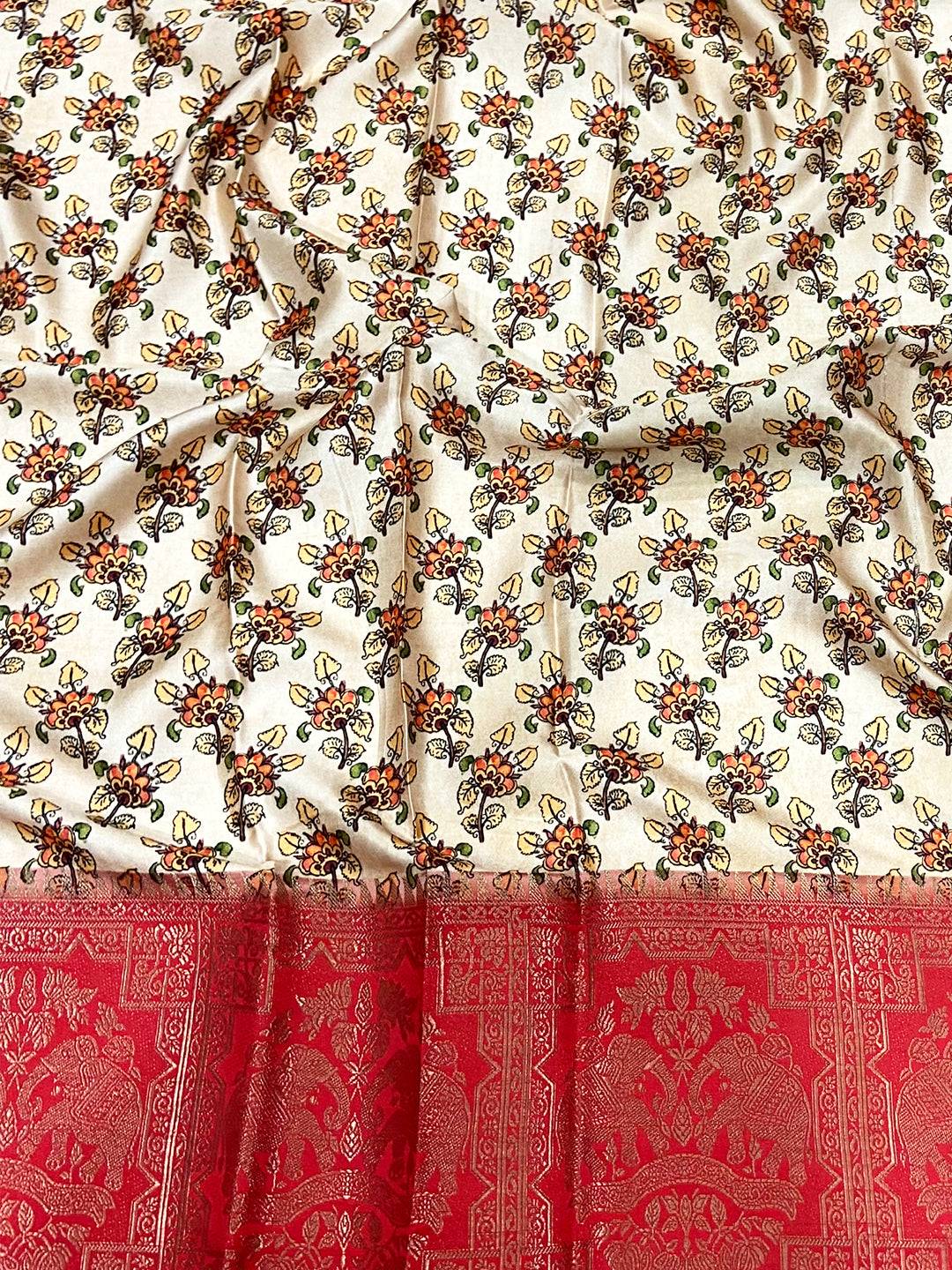 Beige Kalamkari Printed Soft Satin Saree
