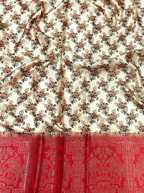 Beige Kalamkari Printed Soft Satin Saree
