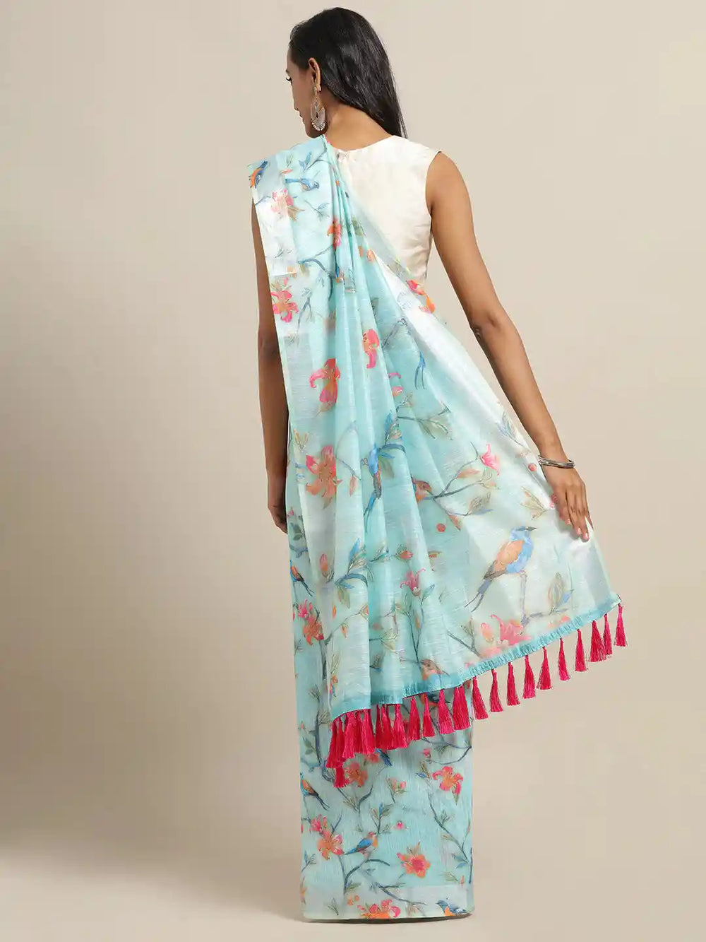 Stylish Sky Colour Print Saree With Zari Border 