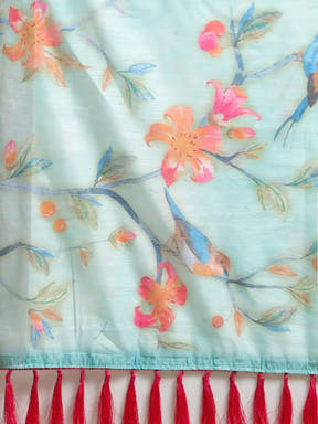Stylish Sky Colour Print Saree With Zari Border 