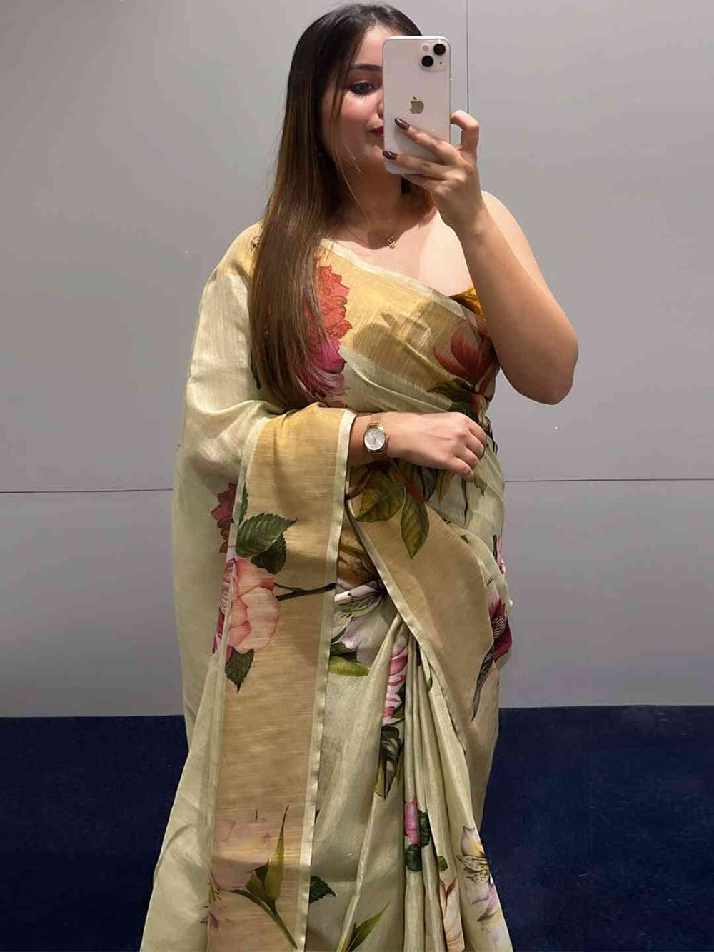 Floral Elegance Pure Linen Saree with vibrant floral prints