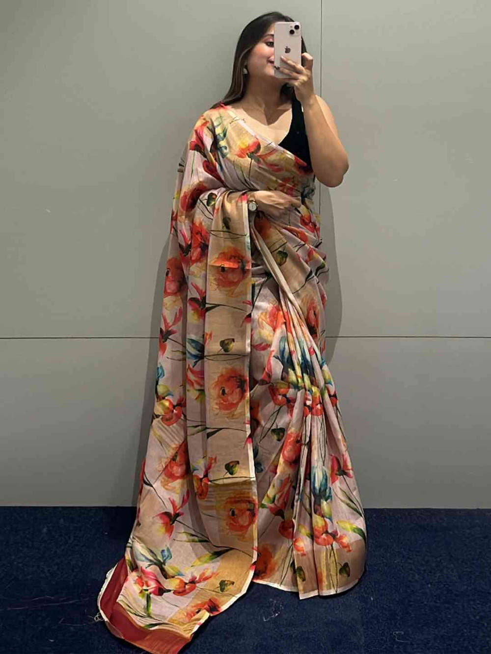 Full view of Floral Elegance Pure Linen Saree worn by model