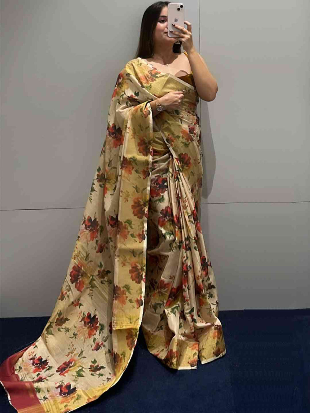 Floral Elegance Pure Linen Saree draped elegantly