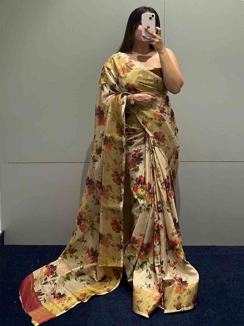 Model showcasing Floral Elegance Linen Saree