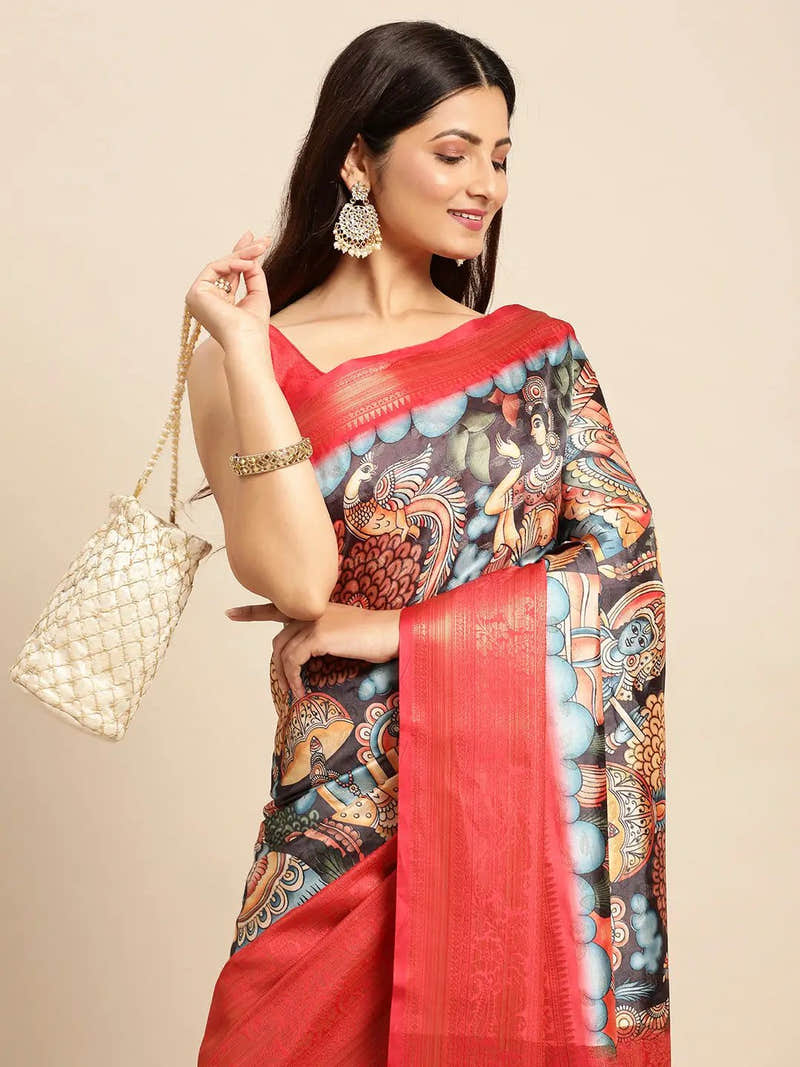 Exquisite Grey Colour Kalamkari Pattu Banarasi Silk Saree