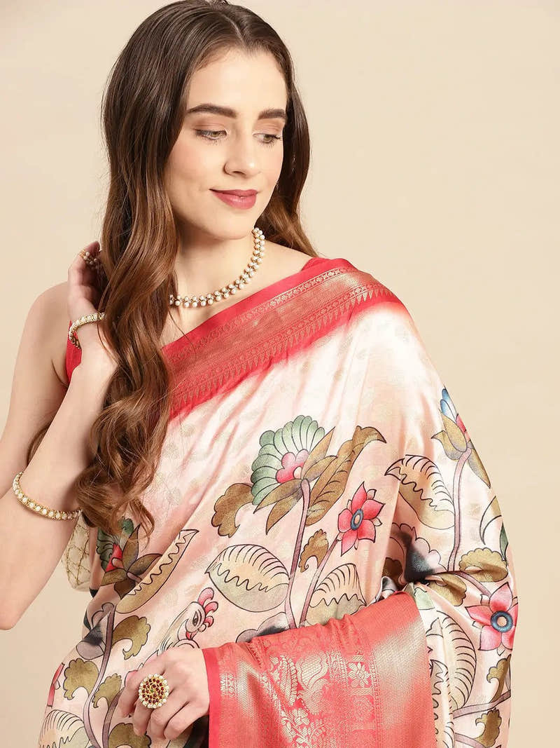 Exquisite Peach Colour Kalamkari Pattu Banarasi Silk Saree