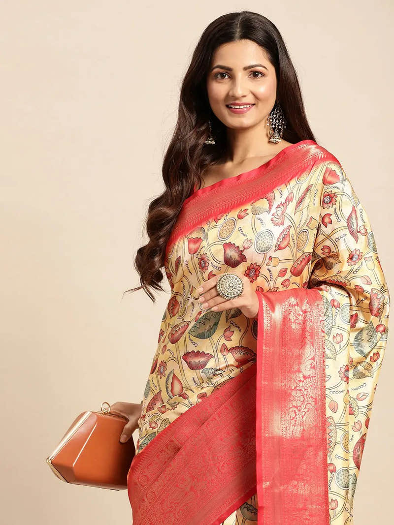 Exquisite Yellow Colour Kalamkari Pattu Banarasi Silk Saree