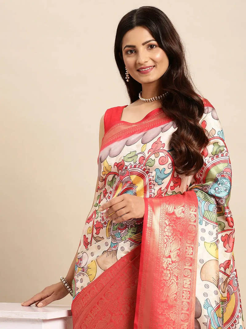 Exquisite Red Colour Kalamkari Pattu Banarasi Silk Saree