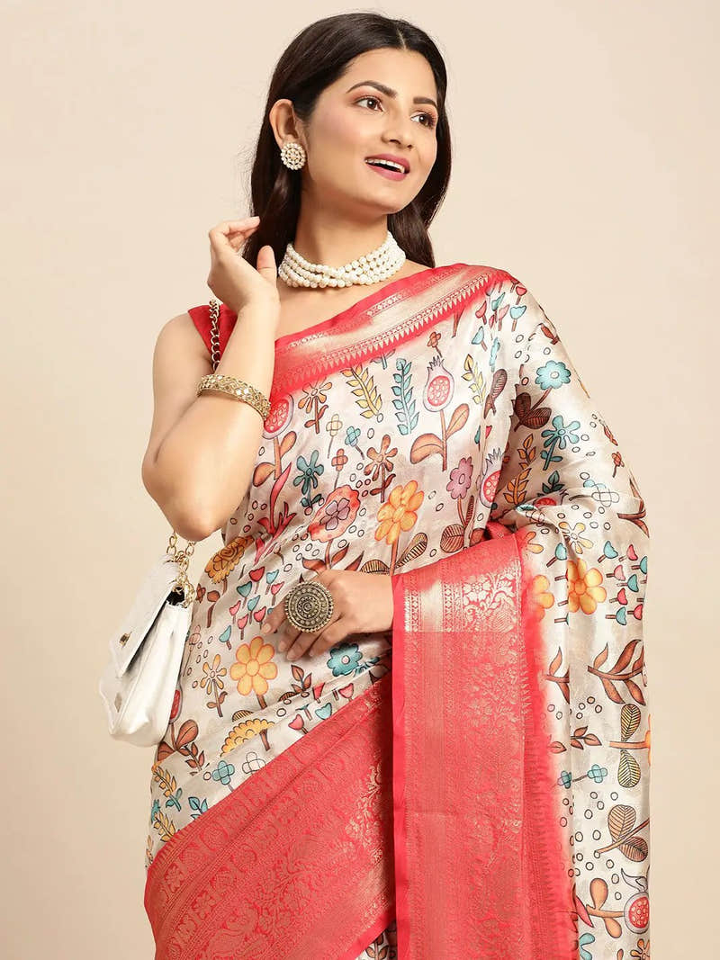 Exquisite Off White Kalamkari Pattu Banarasi Silk Saree