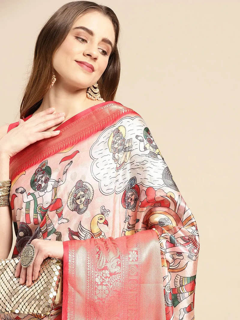 Exquisite Pink Colour Kalamkari Pattu Banarasi Silk Saree