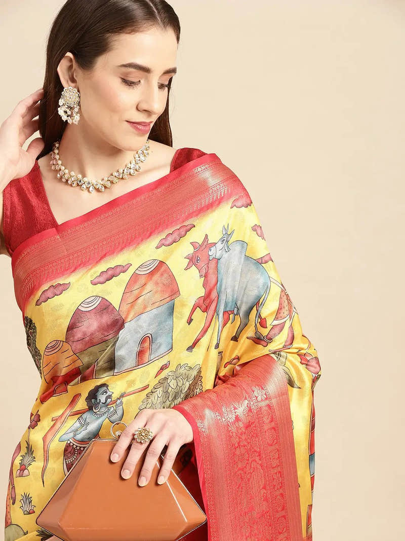 Bright Mustard Kalamkari Banarasi Saree