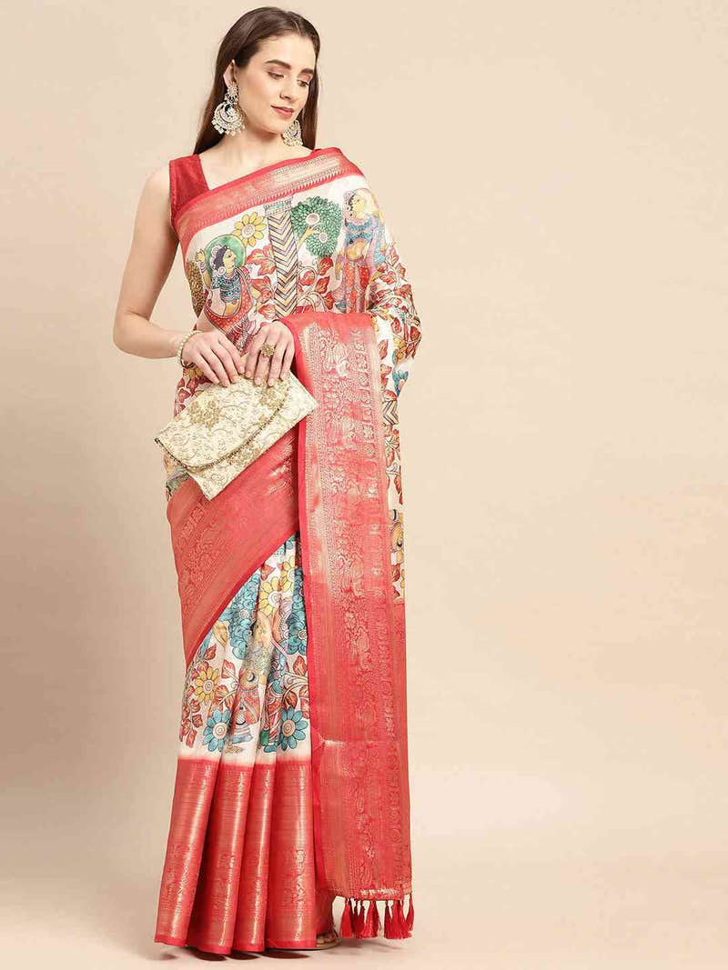 Exquisite Red Colour Kalamkari Pattu Banarasi Silk Saree