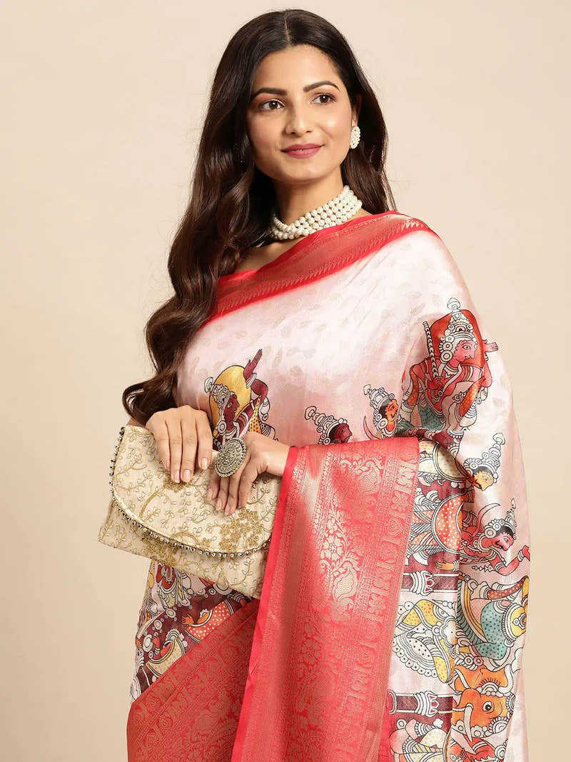 White Pink Floral Kalamkari Banarasi Saree