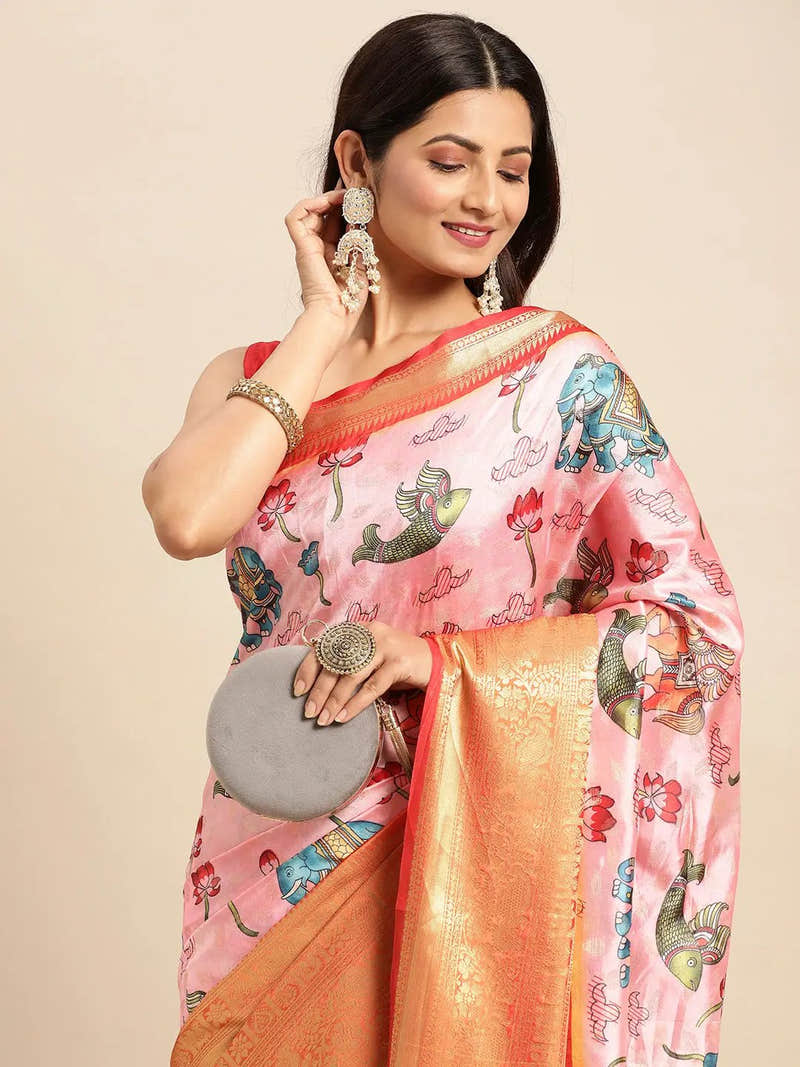 Exquisite Pink Colour Kalamkari Pattu Banarasi Silk Saree