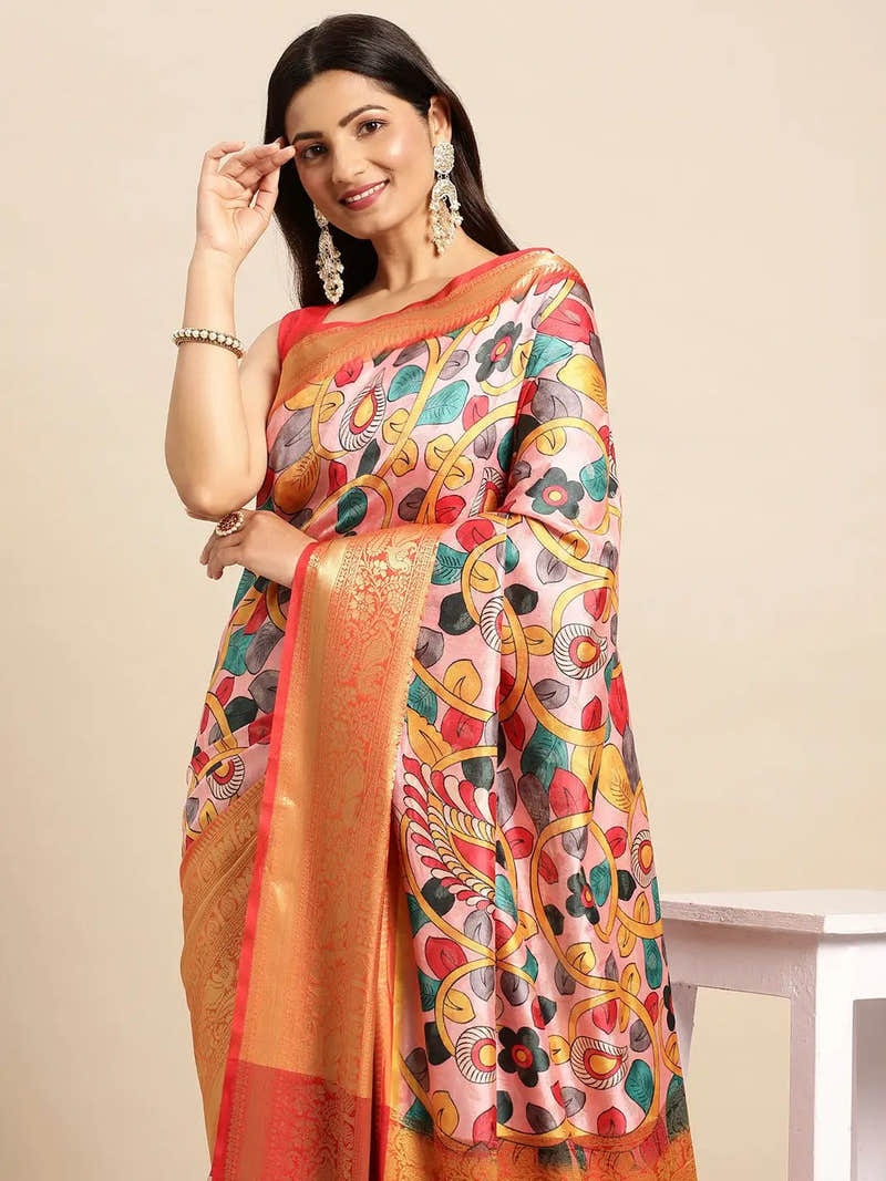 Exquisite Orange Colour Kalamkari Pattu Banarasi Silk Saree