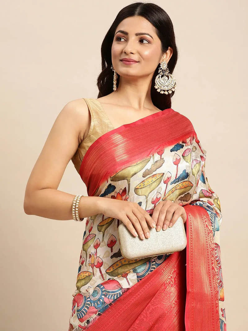 Cream Floral Kalamkari Pattu Banarasi Saree