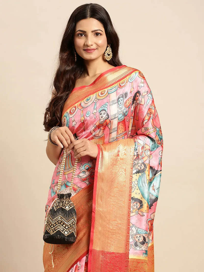 Pastel Gold Kalamkari Pattu Banarasi Saree
