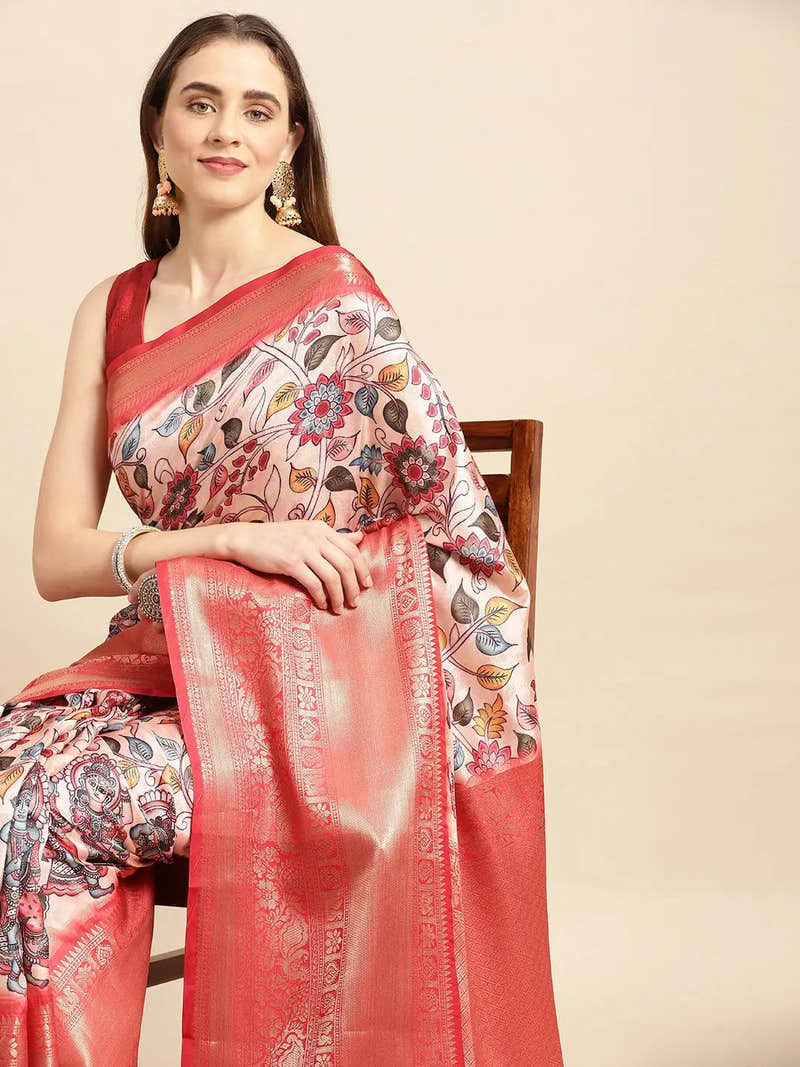 Ivory Soft Floral Kalamkari Banarasi Saree