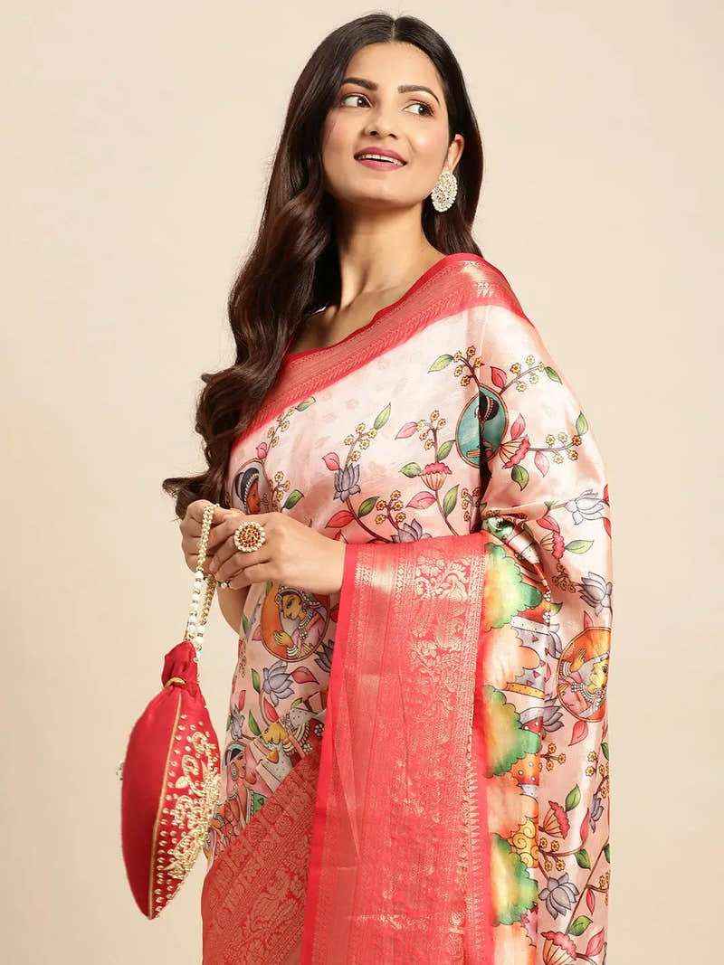 Cream Coral Kalamkari Pattu Banarasi Saree